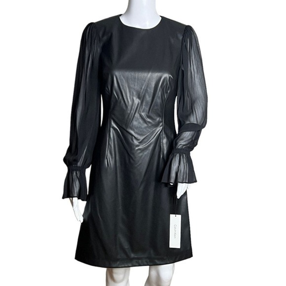 Calvin Klein Dress Womens 4‎ Black Vegan Leather Sheer Puff Sleeves Edgy Neutral - Picture 1 of 8